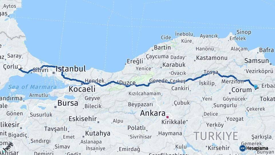 Amasya Çorlu Tekirdağ Arası Kaç Km - Yol Haritası