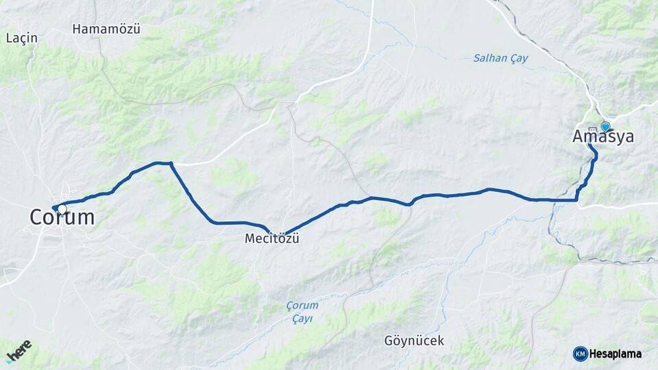 Amasya Çorum Arası Kaç Km - Yol Haritası