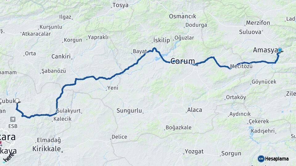 Amasya Çubuk Ankara Arası Kaç Km - Yol Haritası