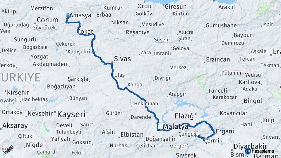 Amasya Çüngüş Diyarbakır Arası Kaç Km - Yol Haritası