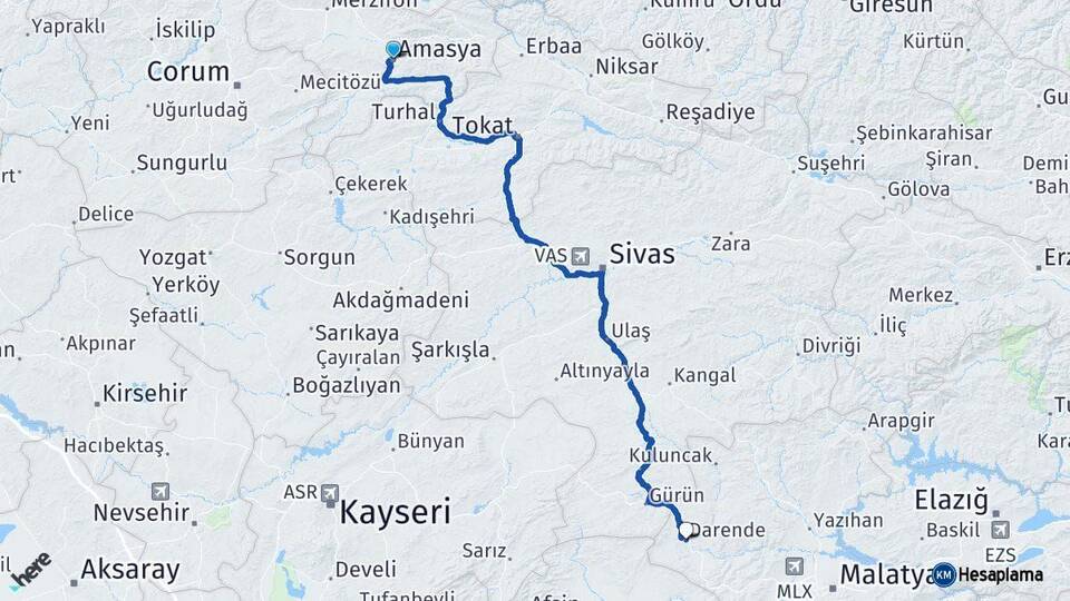 Amasya Darende Malatya Arası Kaç Km - Yol Haritası