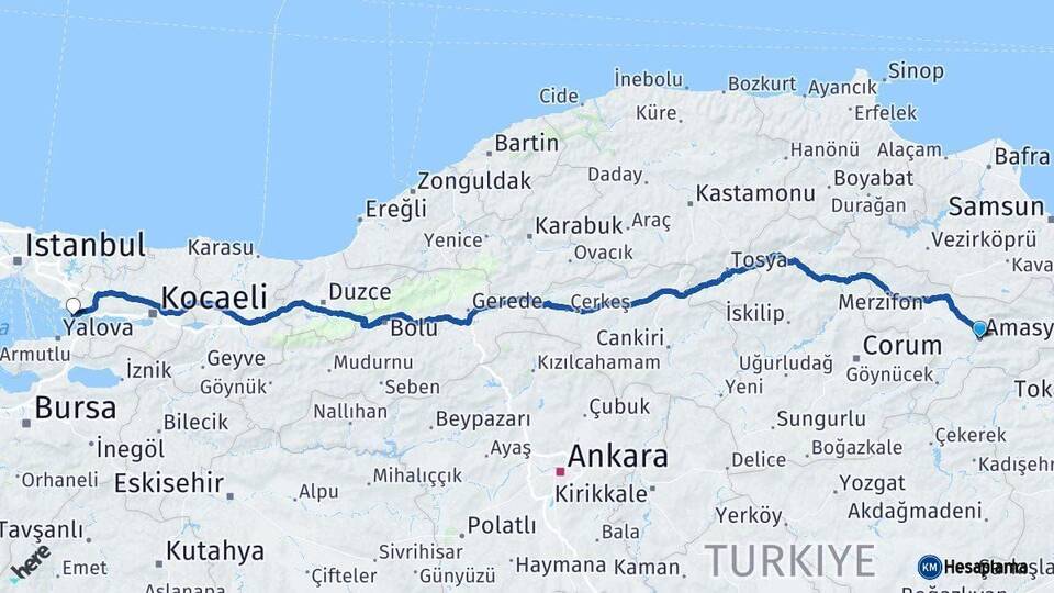 Amasya Darıca Kocaeli Arası Kaç Km - Yol Haritası