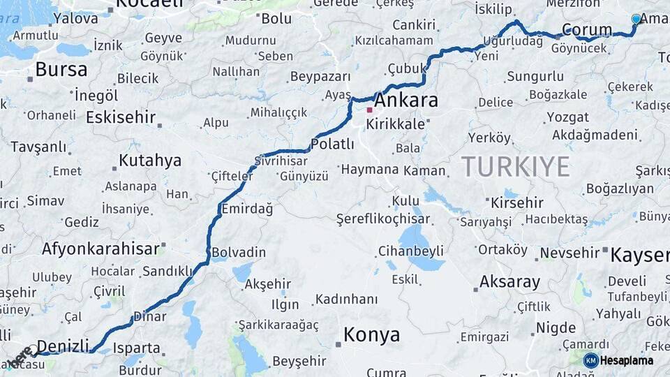 Amasya Denizli Arası Kaç Km - Yol Haritası