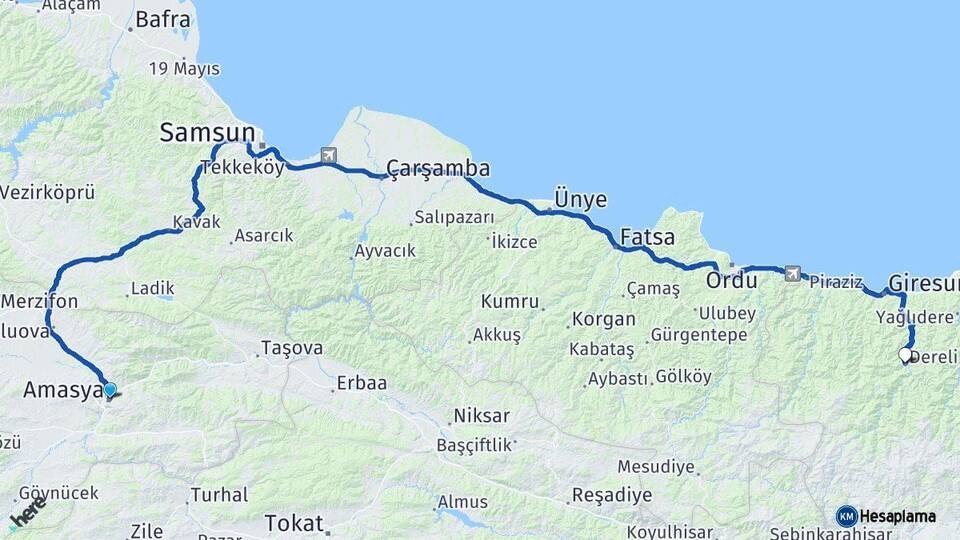 Amasya Dereli Giresun Arası Kaç Km - Yol Haritası