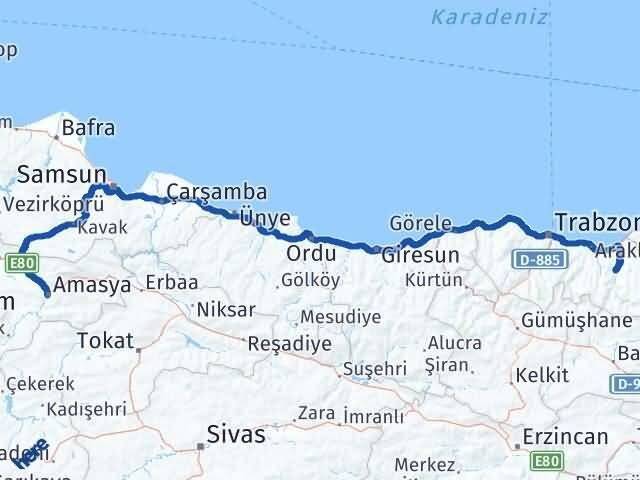Amasya Dernekpazarı Trabzon Arası Kaç Km - Yol Haritası