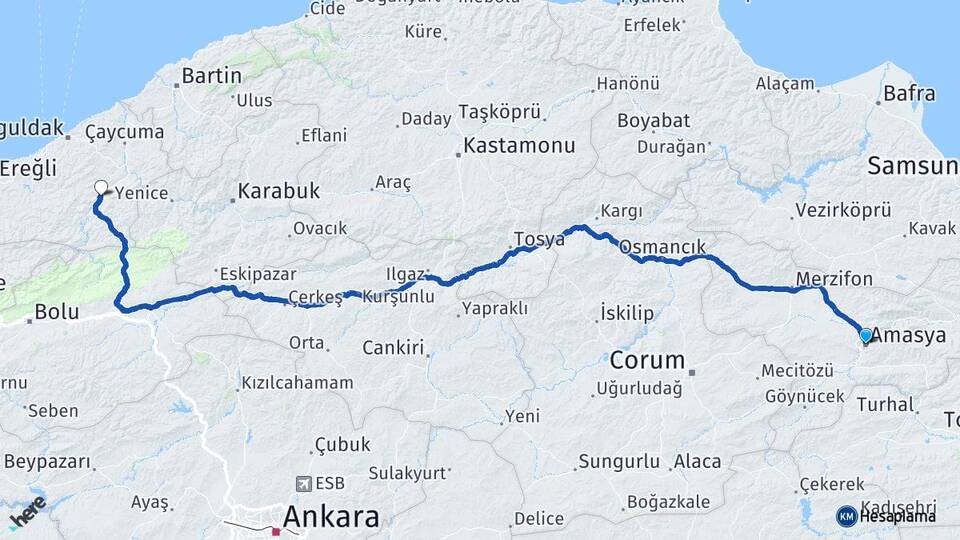 Amasya Devrek Zonguldak Arası Kaç Km - Yol Haritası