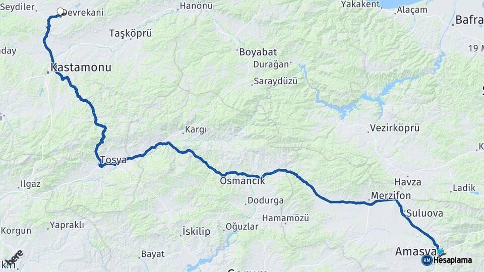 Amasya Devrekani Kastamonu Arası Kaç Km - Yol Haritası