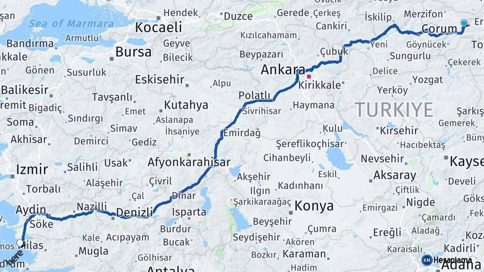 Amasya Didim Aydın Arası Kaç Km - Yol Haritası