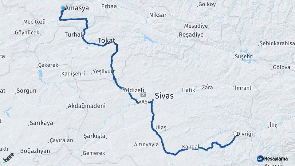 Amasya Divriği Sivas Arası Kaç Km - Yol Haritası