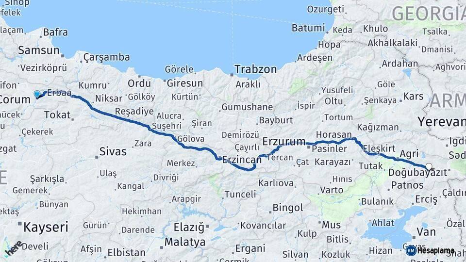 Amasya Diyadin Ağrı Arası Kaç Km - Yol Haritası