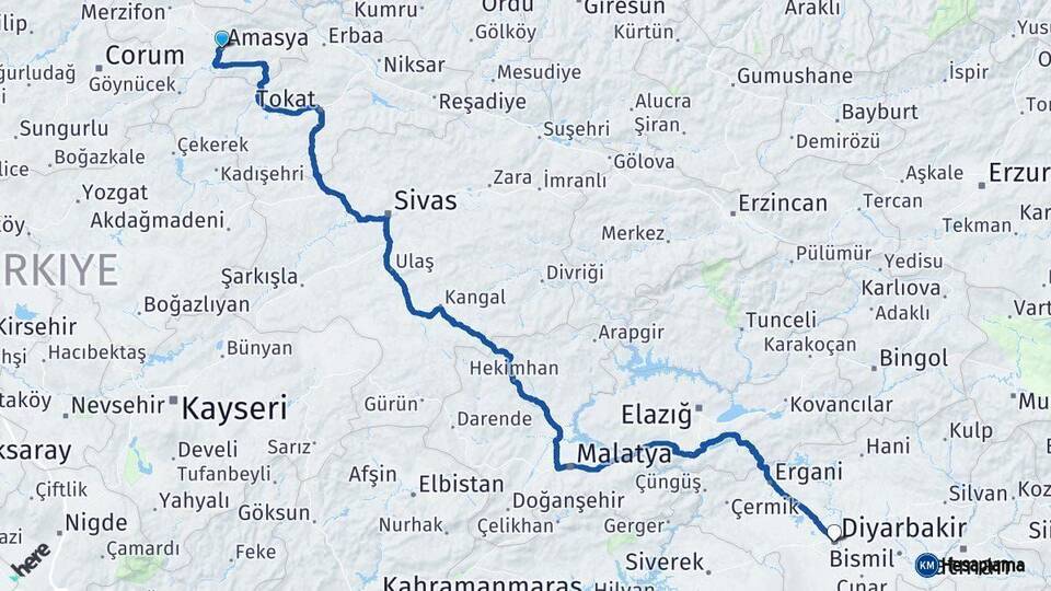 Amasya Diyarbakır Arası Kaç Km - Yol Haritası