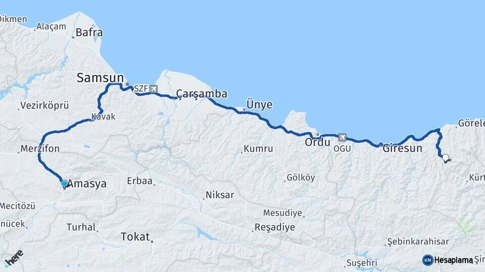Amasya Doğankent Giresun Arası Kaç Km - Yol Haritası