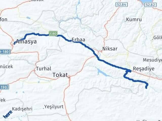 Amasya Doğanşar Sivas Arası Kaç Km - Yol Haritası
