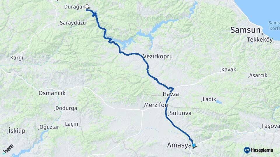 Amasya Durağan Sinop Arası Kaç Km - Yol Haritası