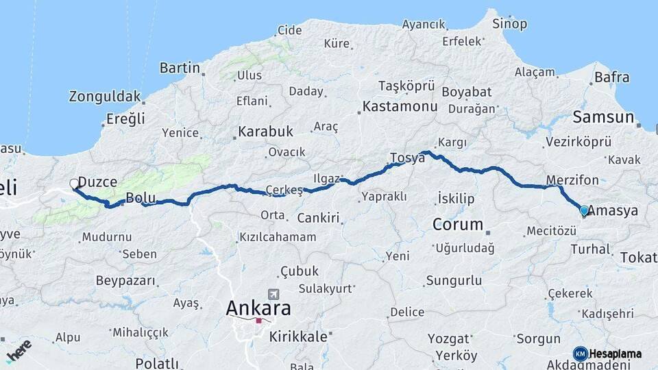 Amasya Düzce Arası Kaç Km - Yol Haritası