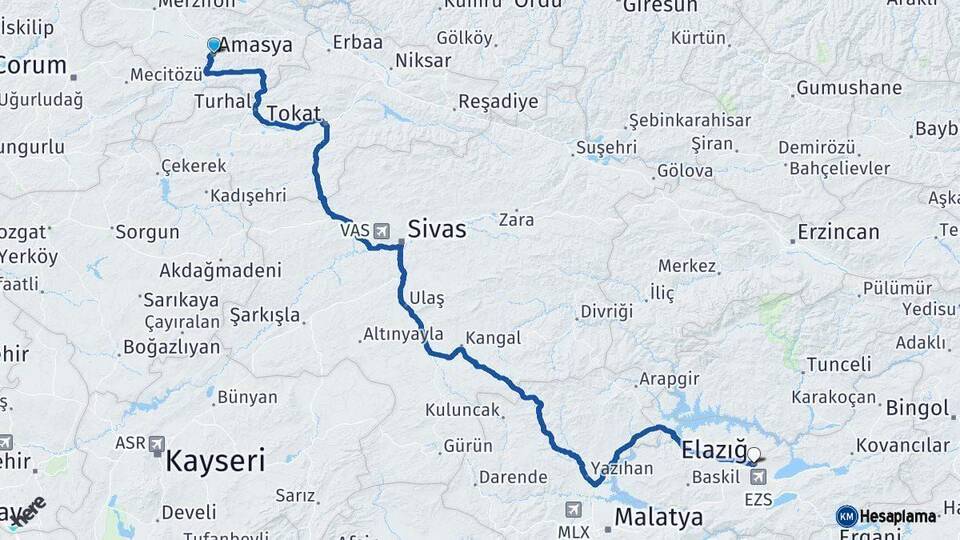 Amasya Elazığ Arası Kaç Km - Yol Haritası