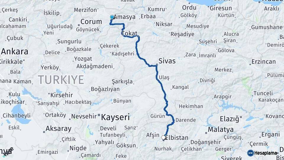 Amasya Elbistan Kahramanmaraş Arası Kaç Km - Yol Haritası