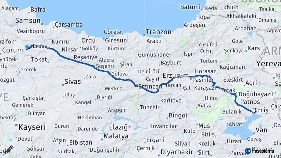 Amasya Erciş Van Arası Kaç Km - Yol Haritası