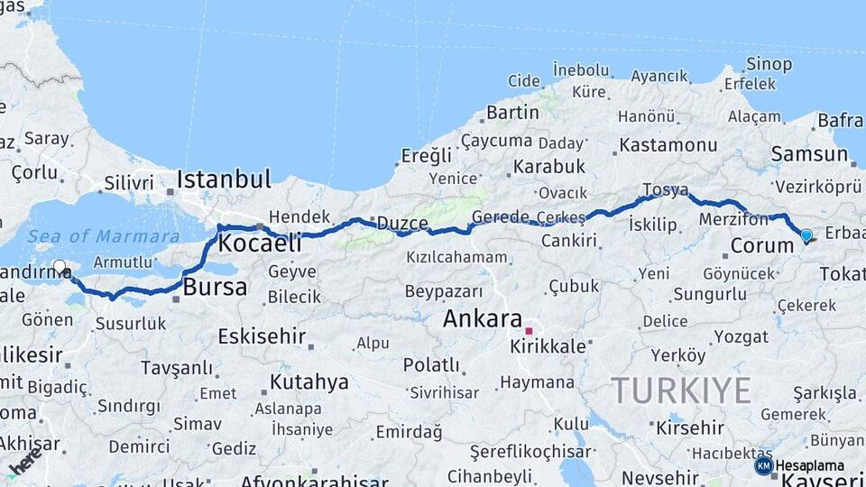 Amasya Erdek Balıkesir Arası Kaç Km - Yol Haritası