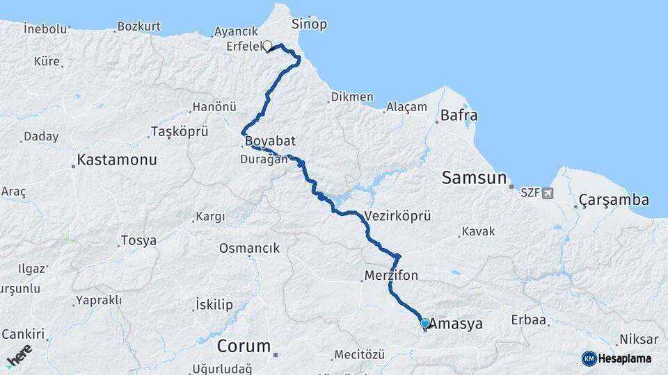 Amasya Erfelek Sinop Arası Kaç Km - Yol Haritası