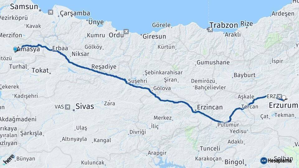Amasya Erzurum Arası Kaç Km - Yol Haritası