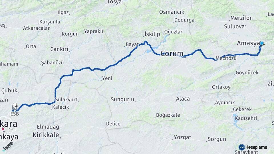 Amasya Esenboğa Havalimanı Arası Kaç Km - Yol Haritası