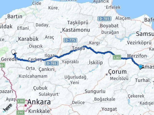 Amasya Eskipazar Karabük Arası Kaç Km - Yol Haritası