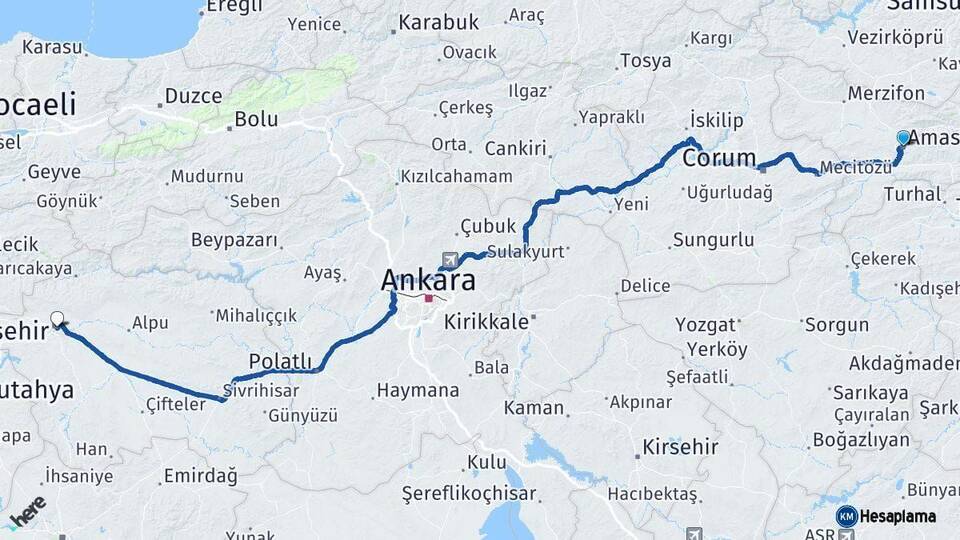 Amasya Eskişehir Arası Kaç Km - Yol Haritası