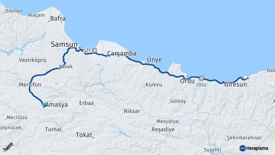 Amasya Espiye Giresun Arası Kaç Km - Yol Haritası