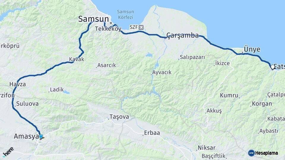 Amasya Fatsa Ordu Arası Kaç Km - Yol Haritası
