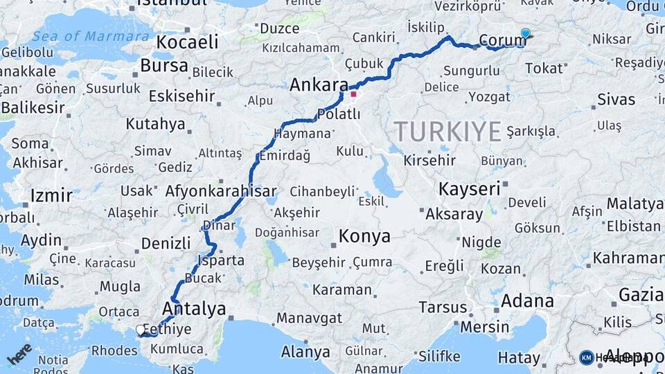 Amasya Fethiye Muğla Arası Kaç Km - Yol Haritası
