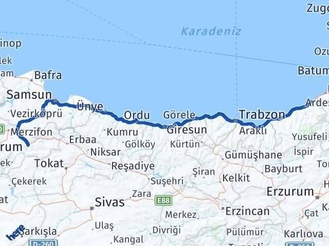 Amasya Fındıklı Rize Arası Kaç Km - Yol Haritası