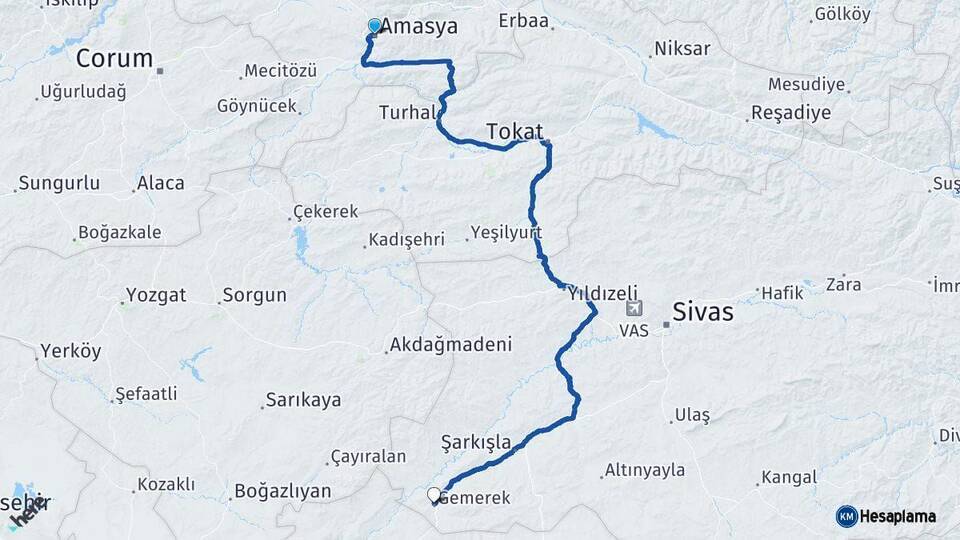 Amasya Gemerek Sivas Arası Kaç Km - Yol Haritası