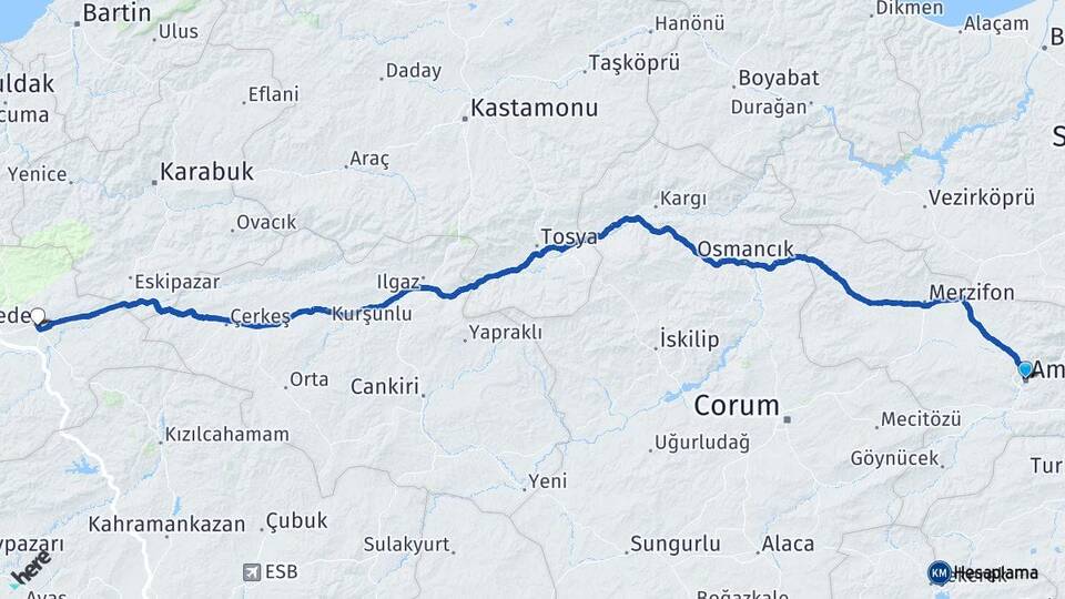Amasya Gerede Bolu Arası Kaç Km - Yol Haritası