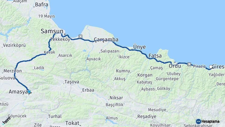 Amasya Giresun Arası Kaç Km - Yol Haritası