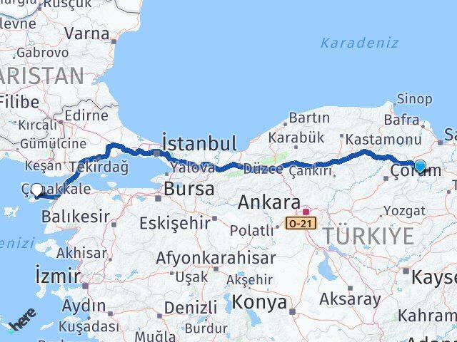 Amasya Gökçeada Çanakkale Arası Kaç Km - Yol Haritası