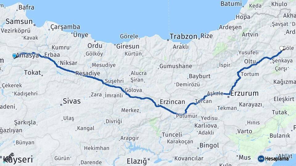 Amasya Göle Ardahan Arası Kaç Km - Yol Haritası