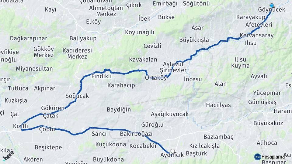 Amasya Göynücek Aydıncık Yozgat Arası Kaç Km - Yol Haritası
