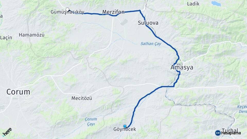 Amasya Göynücek Gümüşhacıköy Arası Kaç Km - Yol Haritası
