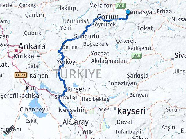 Amasya Gülağaç Aksaray Arası Kaç Km - Yol Haritası