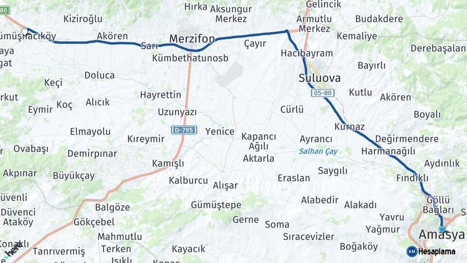 Amasya Gümüşhacıköy Arası Kaç Km - Yol Haritası
