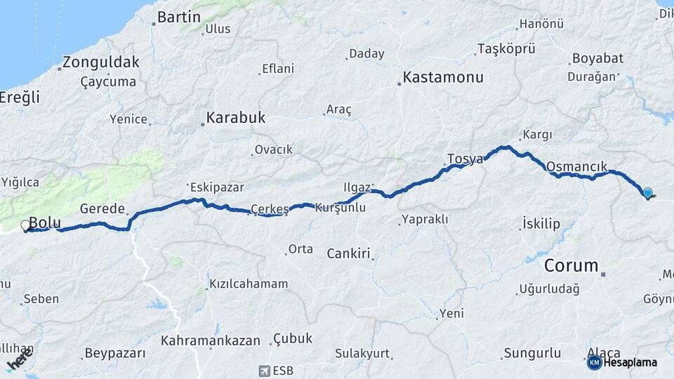 Amasya Gümüşhacıköy Bolu Arası Kaç Km - Yol Haritası