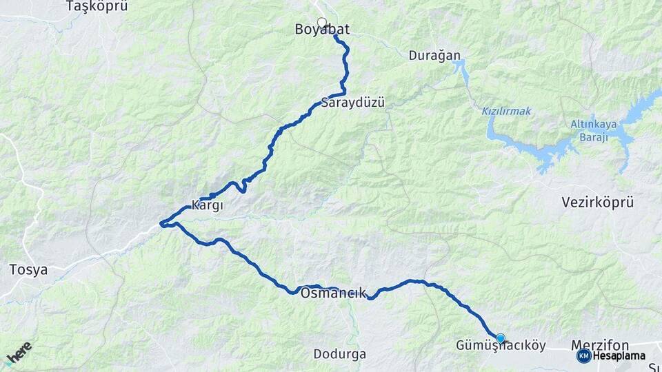 Amasya Gümüşhacıköy Boyabat Sinop Arası Kaç Km - Yol Haritası