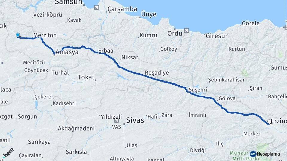 Amasya Gümüşhacıköy Erzincan Arası Kaç Km - Yol Haritası
