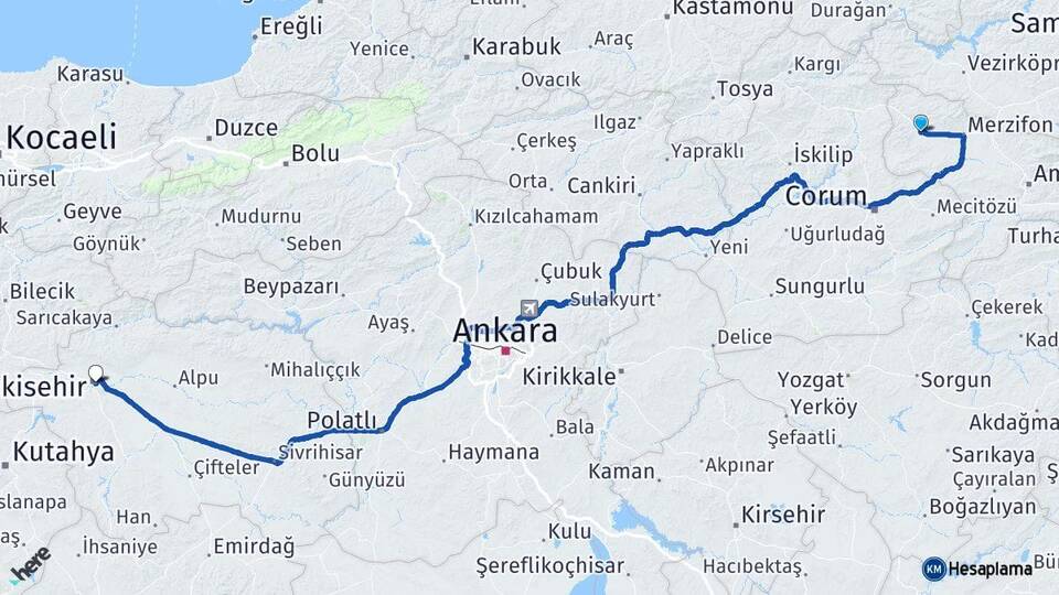 Amasya Gümüşhacıköy Eskişehir Arası Kaç Km - Yol Haritası