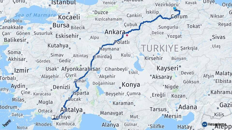 Amasya Gümüşhacıköy Fethiye Muğla Arası Kaç Km - Yol Haritası