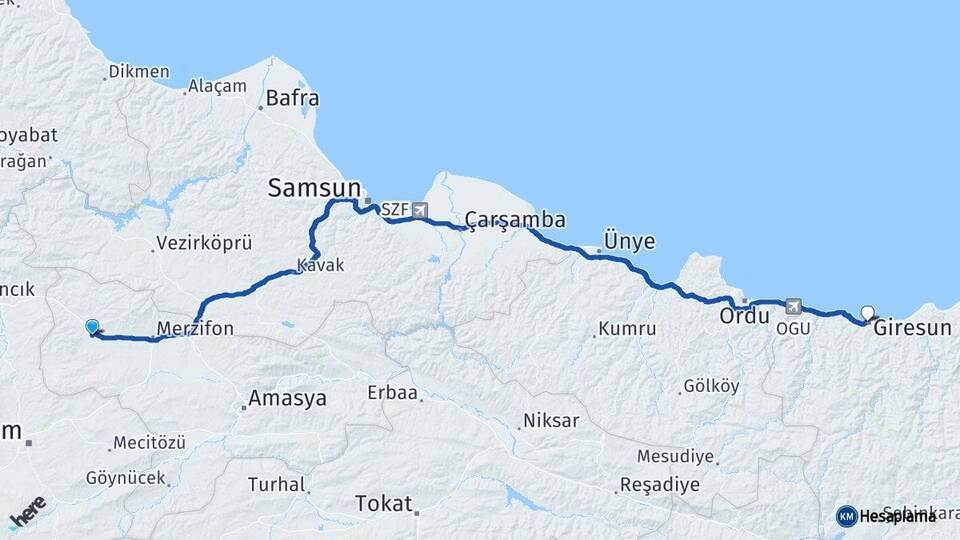 Amasya Gümüşhacıköy Giresun Arası Kaç Km - Yol Haritası
