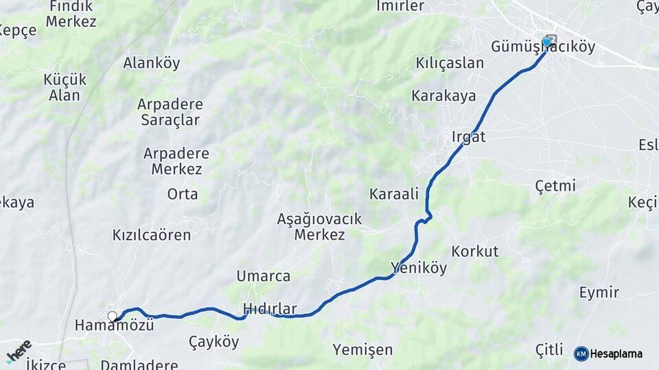 Amasya Gümüşhacıköy Hamamözü Arası Kaç Km - Yol Haritası