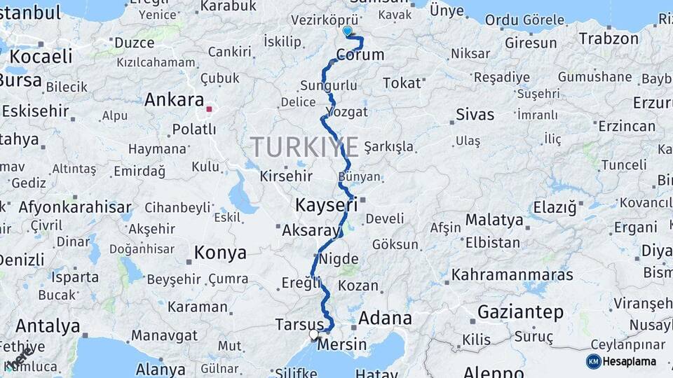 Amasya Gümüşhacıköy Mersin Arası Kaç Km - Yol Haritası