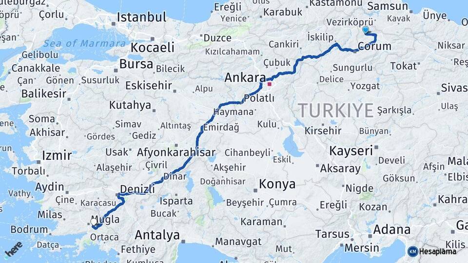 Amasya Gümüşhacıköy Muğla Arası Kaç Km - Yol Haritası